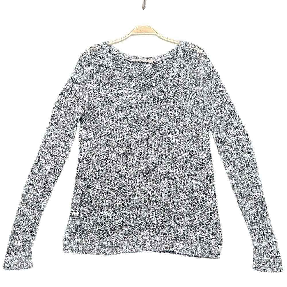 LOFT Open Knit Sweater M Marled Gray 100% Cotton V Neck Long Sleeve Beach Boho